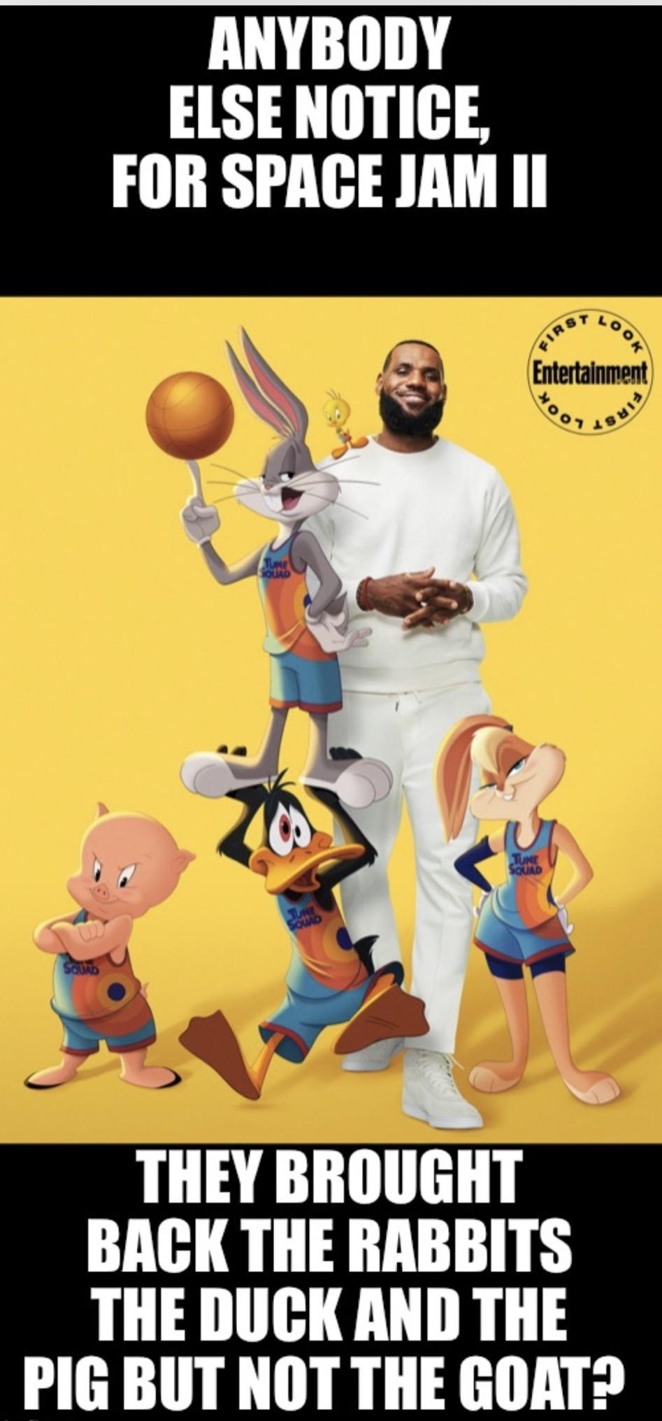 ANYBODY ELSE NOTICE FOR SPACE JAM I THEY BROUGHT BACK THE RABBITS THE DUCK AND THE PIG BUT NOT THE GOAT