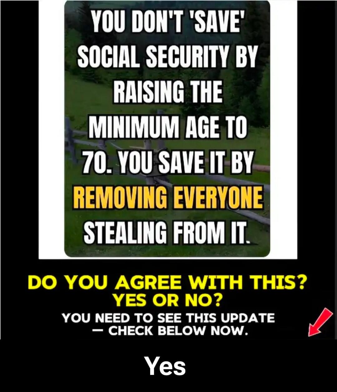 YOU DON'T 'SAVE' SOCIAL SECURITY BY RAISING THE MINIMUM AGE TO 70. YOU SAVE IT BY REMOVING EVERYONE STEALING FROM IT. DO YOU AGREE WITH THIS? YES OR NO? YOU NEED TO SEE THIS UPDATE - CHECK BELOW NOW. Yes