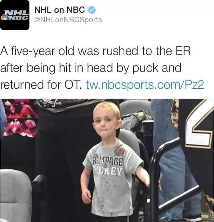 A five-year old was rushed to the ER after being hit in head by puck and returned for OT. tw.nbcsports.com/Pz2