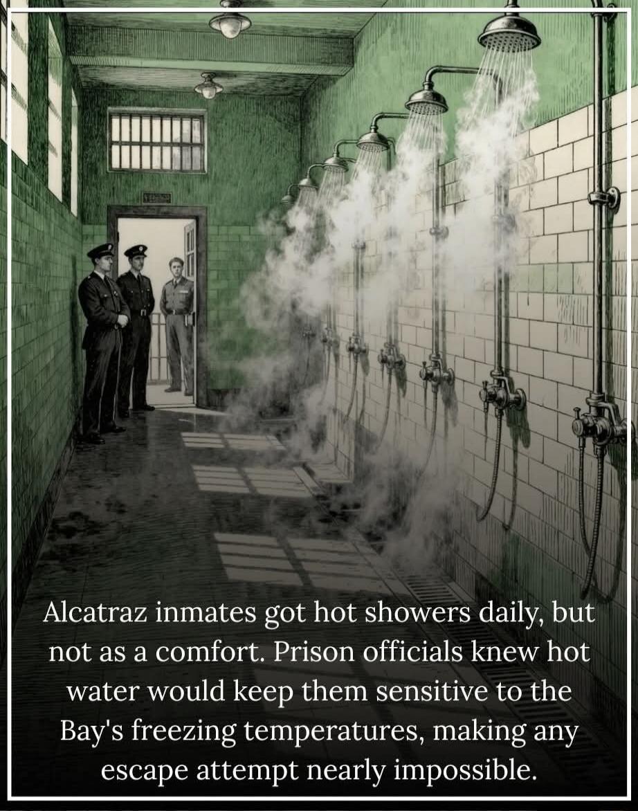 Alcatraz inmates got hot showers daily, but not as a comfort. Prison officials knew hot water would keep them sensitive to the Bay's freezing temperatures, making any escape attempt nearly impossible.