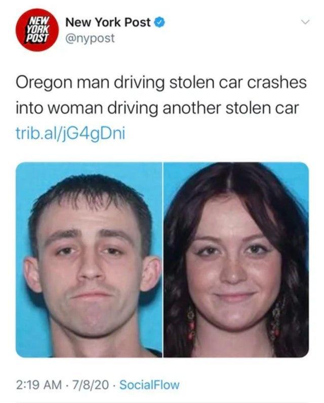 mfly New York Post Ay nypost Oregon man driving stolen car crashes into woman driving another stolen car tribaljG4gDni 219 AM 7820 SocialFlow