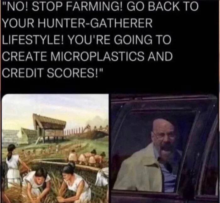 NO STOP FARMING GO BACK TO YOUR HUNTER GATHERER MIZSI RSB IR N eloch o CREATE MICROPLASTICS AND CREDIT SCORES