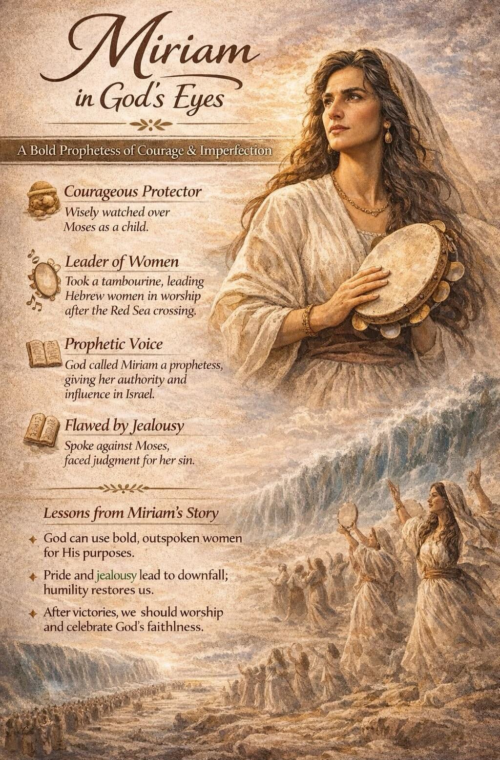 Miriam in God's Eyes A Bold Prophetess of Courage & Imperfection Courageous Protector Wisely watched over Moses as a child. Leader of Women Took a tambourine, leading Hebrew women in worship after the Red Sea crossing. Prophetic Voice God called Miriam a prophetess, giving her authority and influence in Israel. Flawed by Jealousy Spoke against Mose