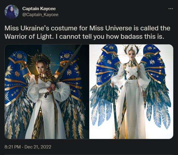 y Captain Kaycee Captain Kaycoe Miss Ukraines costume for Miss Universe is called the Warrior of Light cannot tell you how badass this is 821PM Dec 212022