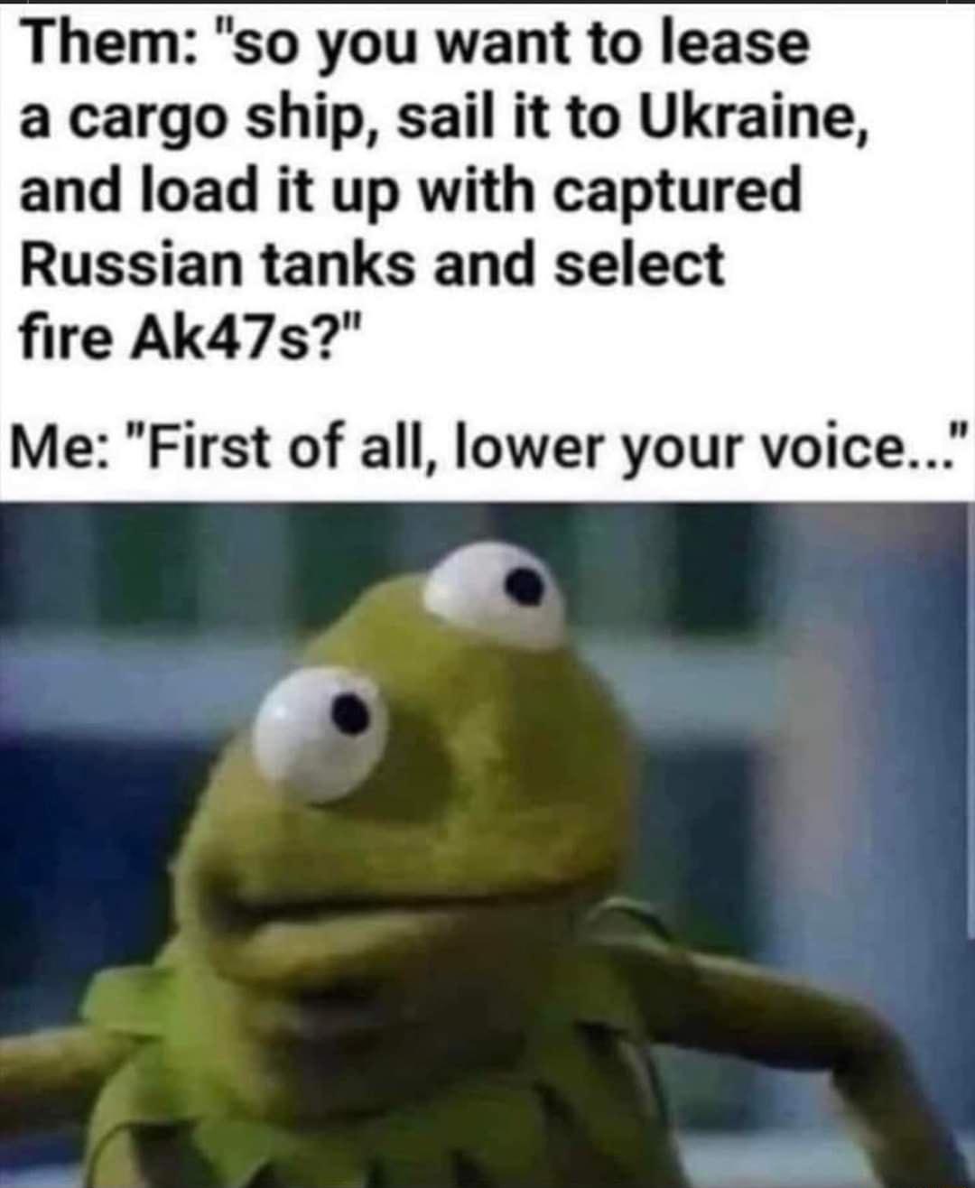 Them so you want to lease a cargo ship sail it to Ukraine and load it up with captured Russian tanks and select fire Ak47s Me First of all lower your voice