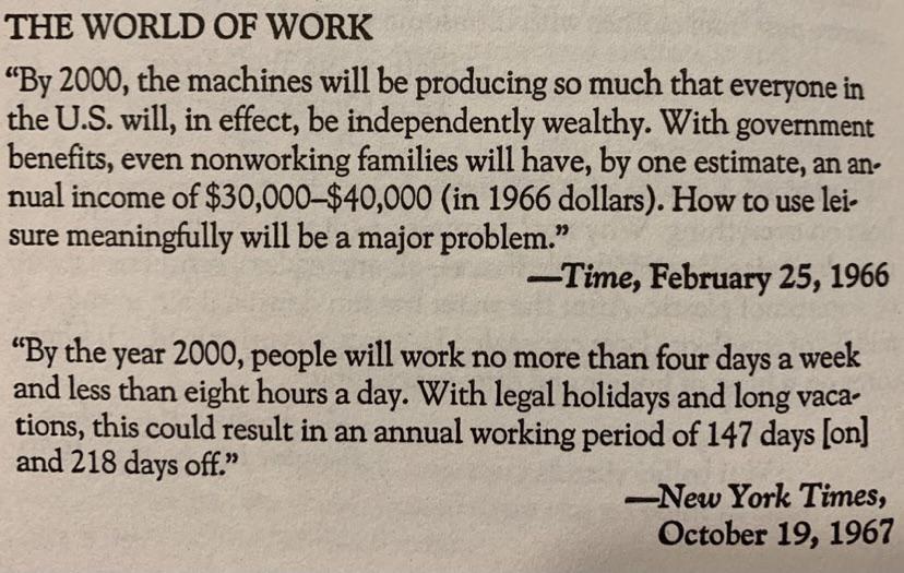 THE WORLD OF WORK By 2000 the machines will be producing so much that everyone in the US will in effect be independently wealthy With government benefits even nonworking families will have by one estimate an an nual income of 30000 40000 in 1966 dollars How to use lei sure meaningfully will be a major problem Time February 25 1966 By the year 2000 people will work no more than four days a week and