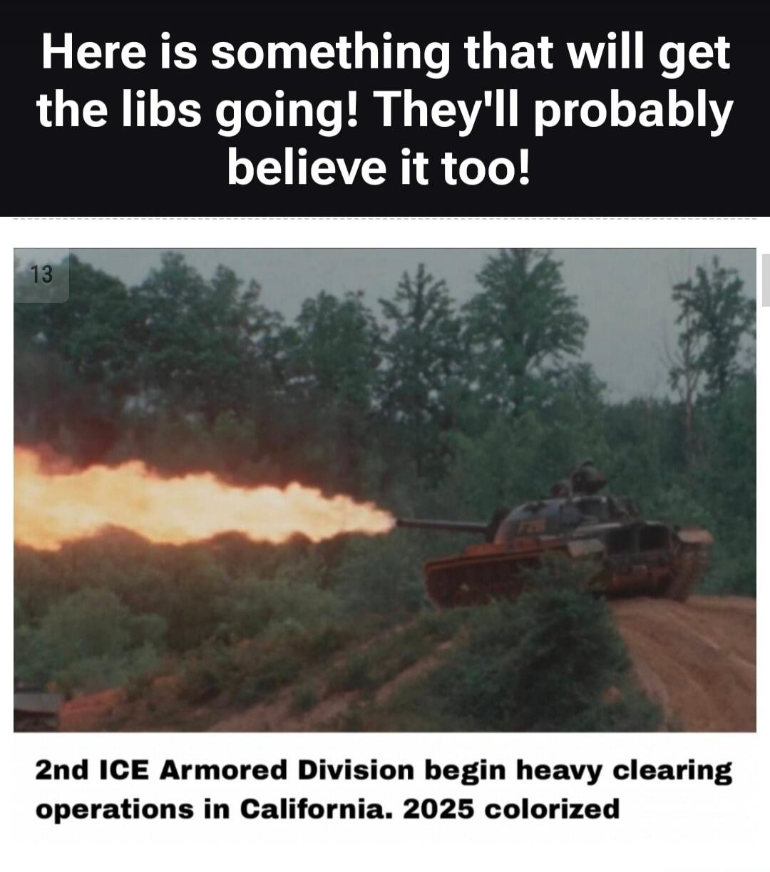 Here is something that will get the libs going! They'll probably believe it too! 2nd ICE Armored Division begin heavy clearing operations in California. 2025 colorized