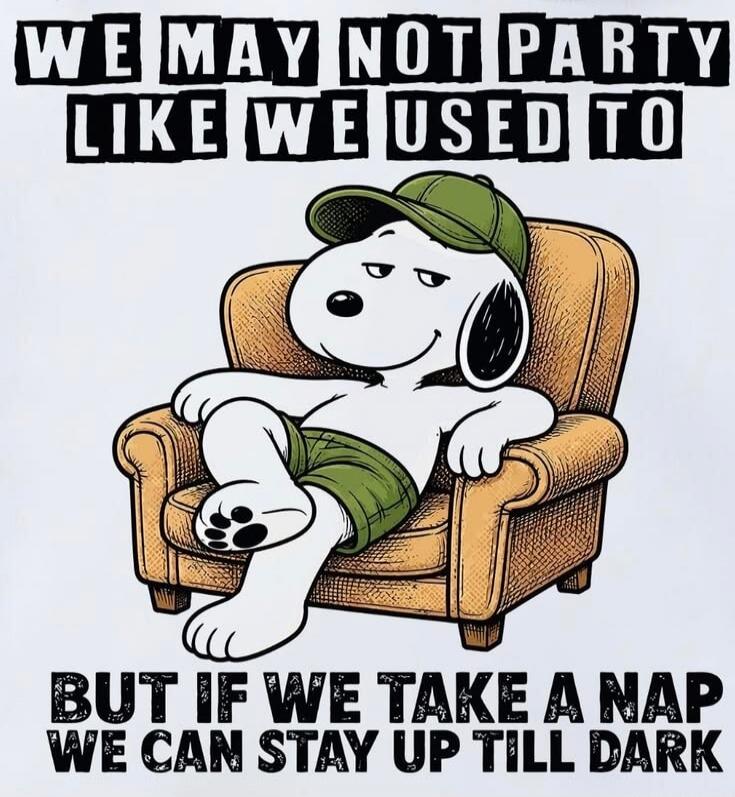 WE MAY NOT PARTY LIKE WE USED TO BUT IF WE TAKE A NAP WE CAN STAY UP TILL DARK