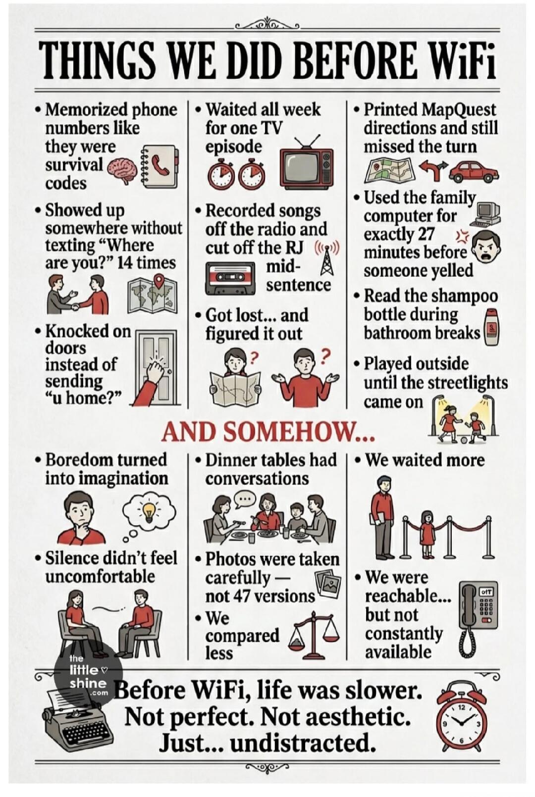 THINGS WE DID BEFORE WiFi
* Memorized phone numbers like they were survival codes
* Showed up somewhere without texting 