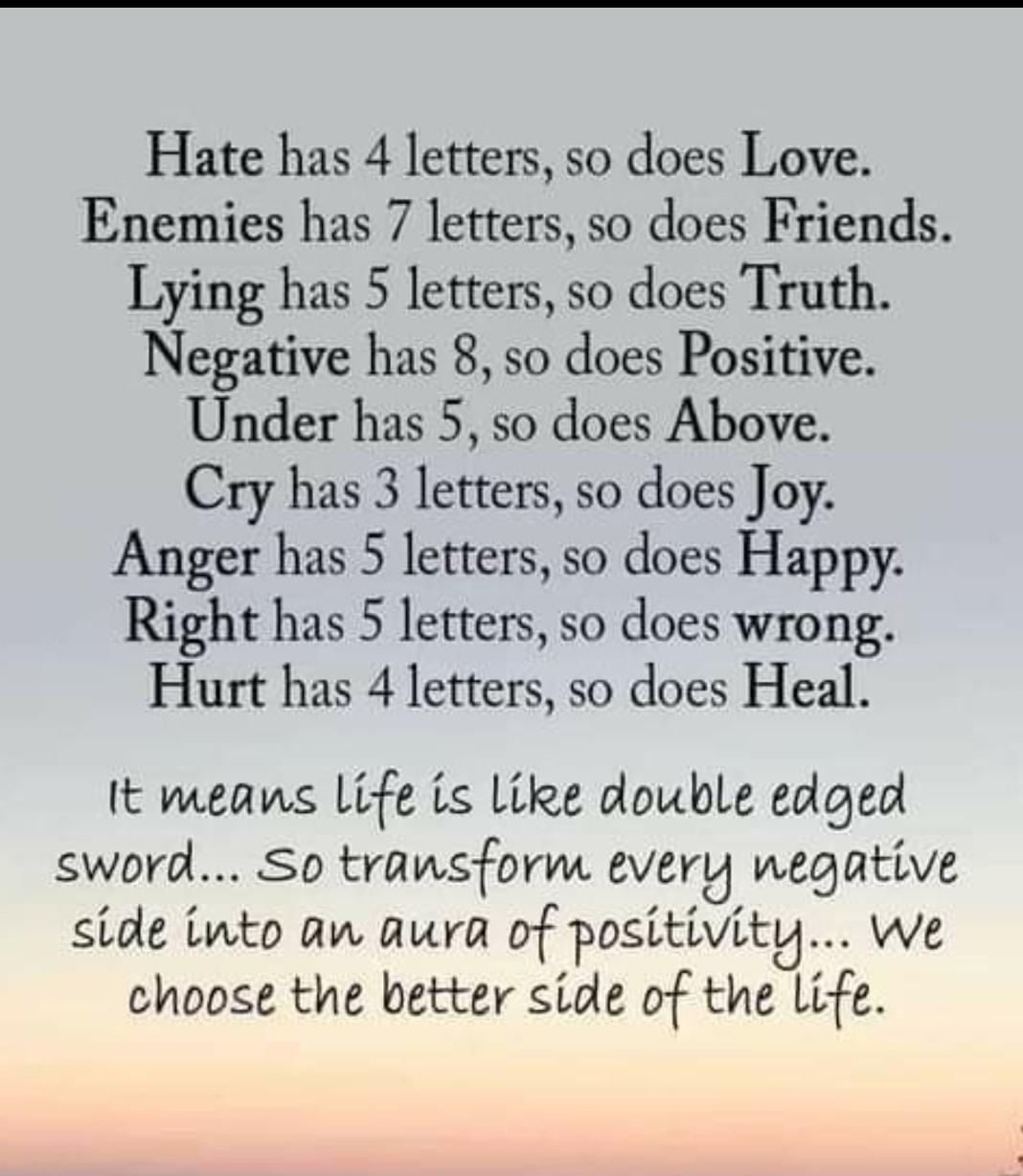 Hate has 4 letters so does Love Enemies has 7 letters so does Friends Lying has 5 letters so does Truth Negative has 8 so does Positive Under has 5 so does Above Cry has 3 letters so does Joy Anger has 5 letters so does Happy Right has 5 letters so does wrong Hurt has 4 letters so does Heal It means Life is Like double edged sword So transform every negative side into an aura of positivity we choo