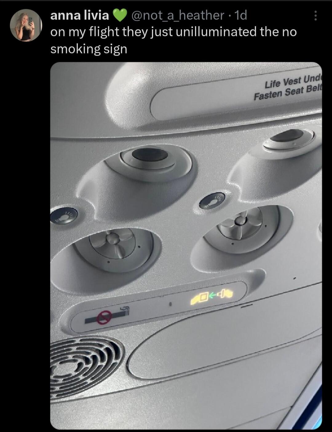 anna livia not _a_heather 1d on my flight they just unilluminated the no smoking sign