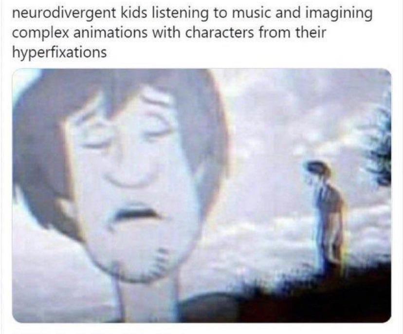 neurodivergent kids listening to music and imagining complex animations with characters from their hyperfixations