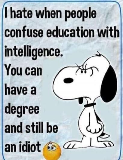 I hate when people confuse education with intelligence. You can have a degree and still be an idiot.