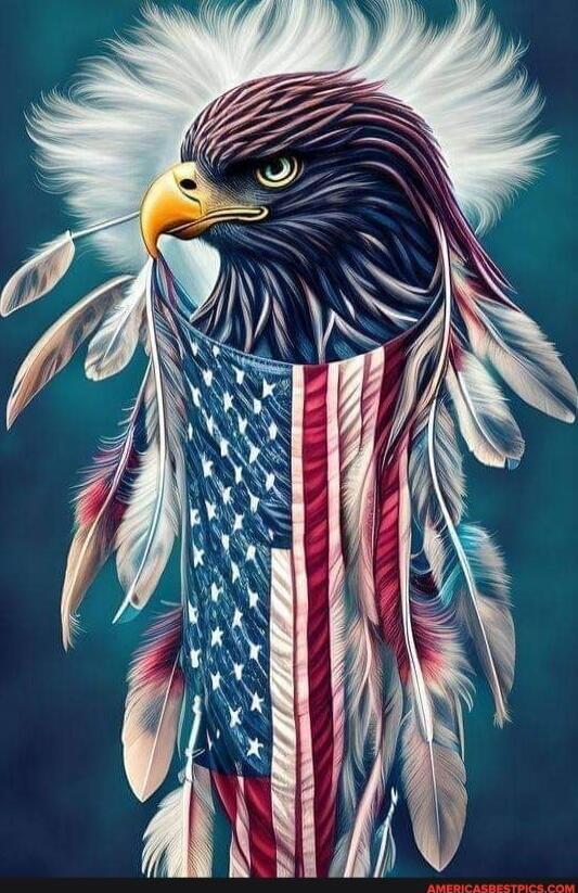 A stylized eagle with an American flag draped over its body.