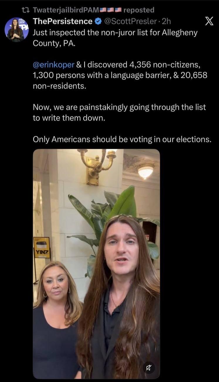 TwatterjailbirdPAM reposted ThePersistence @ScottPresler 2h Just inspected the non-juror list for Allegheny County, PA. @erinkoper & I discovered 4,356 non-citizens, 1,300 persons with a language barrier, & 20,658 non-residents. Now, we are painstakingly going through the list to write them down. Only Americans should be voting in our elections.