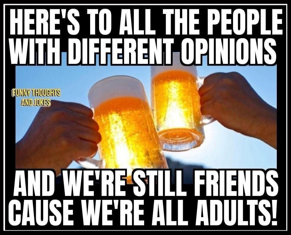 HERE'S TO ALL THE PEOPLE WITH DIFFERENT OPINIONS AND WE'RE STILL FRIENDS CAUSE WE'RE ALL ADULTS! FUNNY THOUGHTS AND JOKES