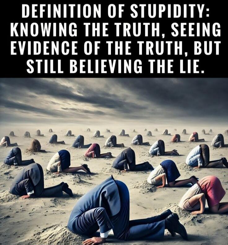DEFINITION OF STUPIDITY: KNOWING THE TRUTH, SEEING EVIDENCE OF THE TRUTH, BUT STILL BELIEVING THE LIE.