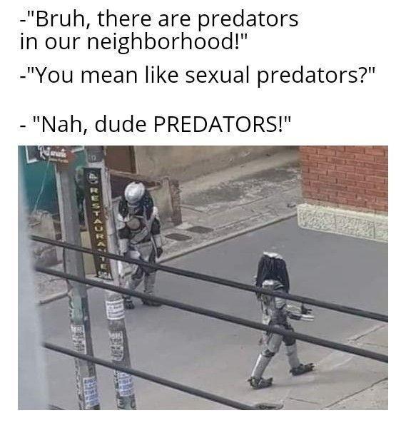 Bruh there are predators in our neighborhood You mean like sexual predators Nah dude PREDATORS L