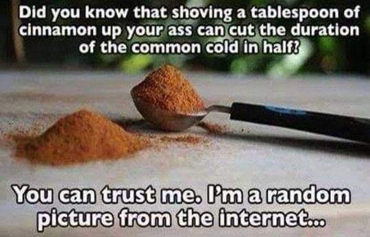 Did you know that shoving a tablespoon of clnnamon up yo ass can cmhe duration of the common cold inhalf