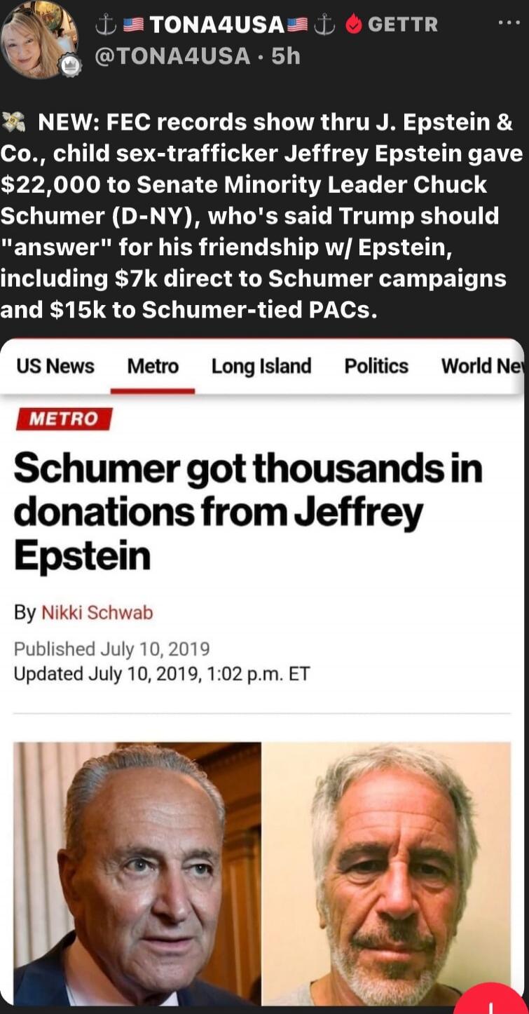NEW: FEC records show thru J. Epstein & Co., child sex-trafficker Jeffrey Epstein gave $22,000 to Senate Minority Leader Chuck Schumer (D-NY), who's said Trump should 
