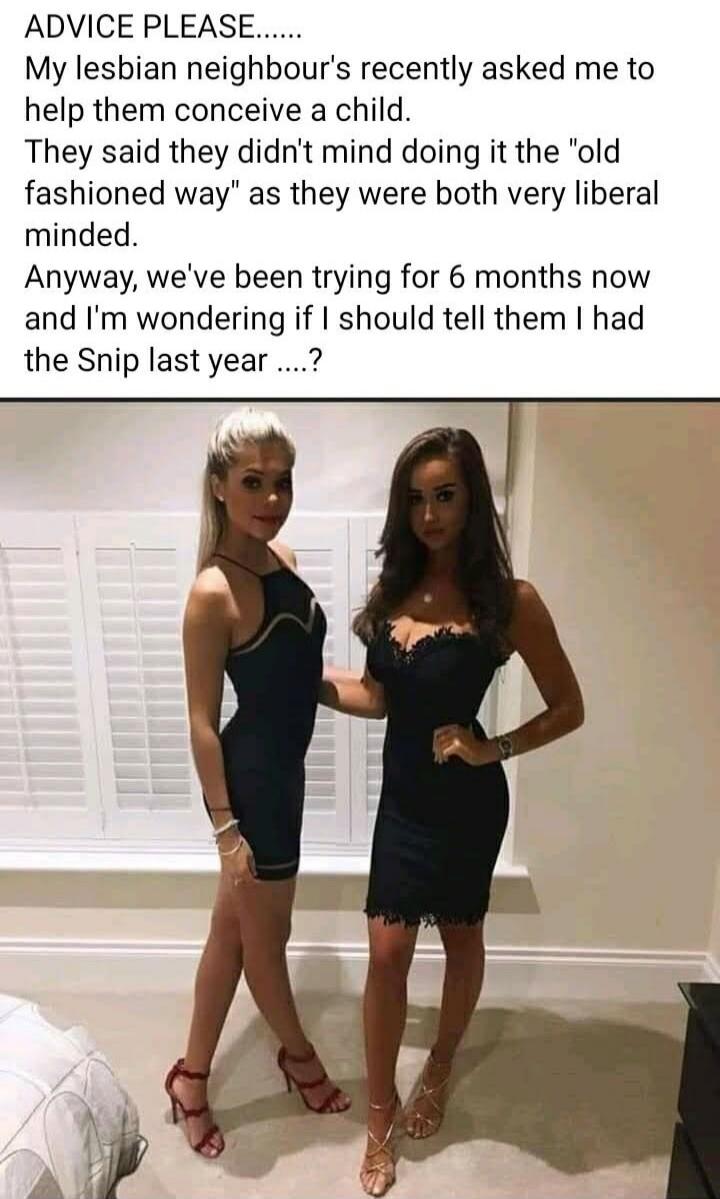 ADVICE PLEASE....... My lesbian neighbour's recently asked me to help them conceive a child. They said they didn't mind doing it the 