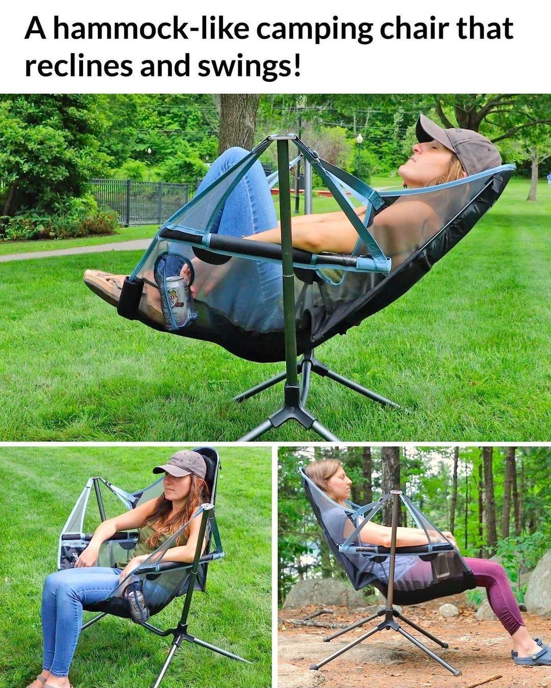 A hammock like camping chair that reclines and swings