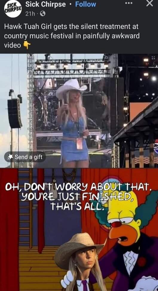 Sick Chirpse Follow L PALRS L EVTQUTEL Nl N RGN RIEE I country music festival in painfully awkward L o 1w At L v A Send a gift 1 o 19 OH DONTIWORRY A THAT YOURETUST F THATS ALL B 2 v y