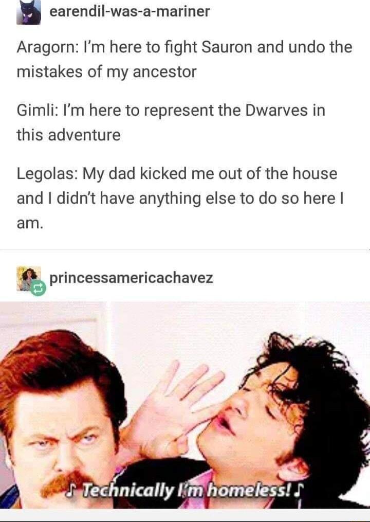 earendil was a mariner Aragorn Im here to fight Sauron and undo the mistakes of my ancestor Gimli Im here to represent the Dwarves in this adventure Legolas My dad kicked me out of the house and didnt have anything else to do so here am princessamericachavez