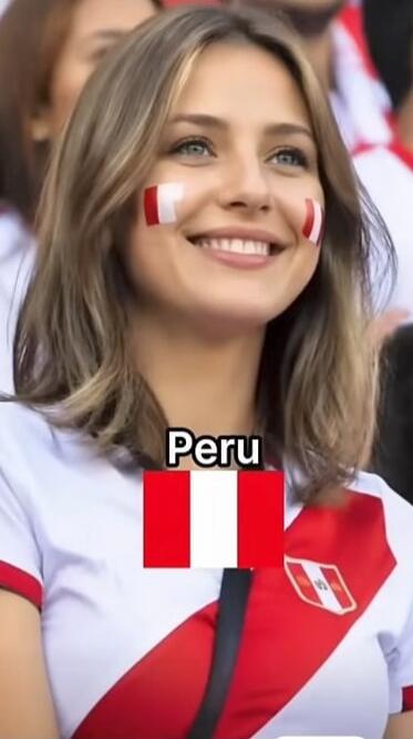 A young woman with the Peruvian flag painted on her cheeks and wearing a Peruvian jersey smiles. The text 'Peru' and the Peruvian flag are displayed on the screen.