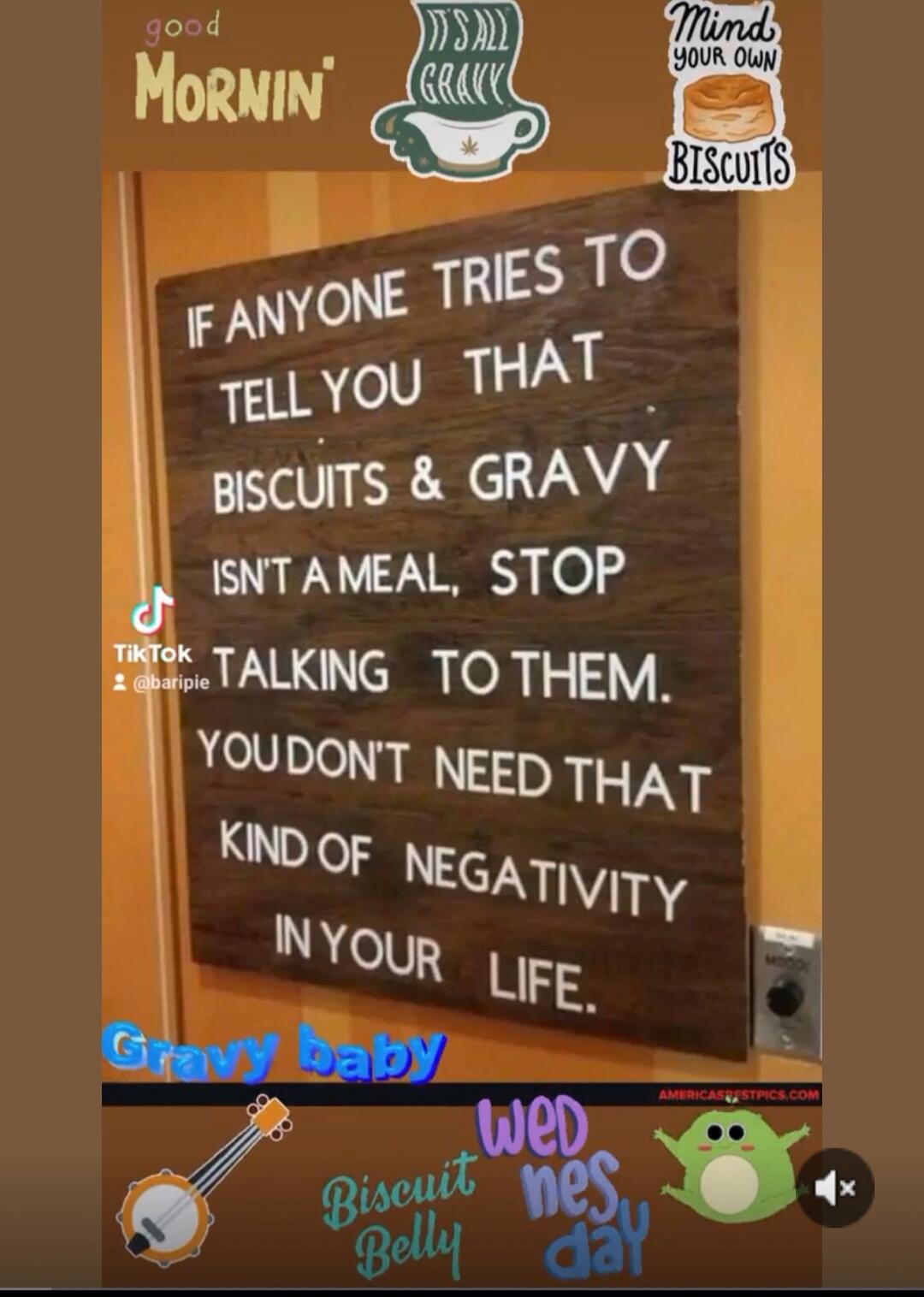 Good mornin'. It's all gravy. Mind your own biscuits. If anyone tries to tell you that biscuits and gravy isn't a meal, stop talking to them. You don't need that kind of negativity in your life. Gravy baby. Biscuit Belly. Wednesday.
