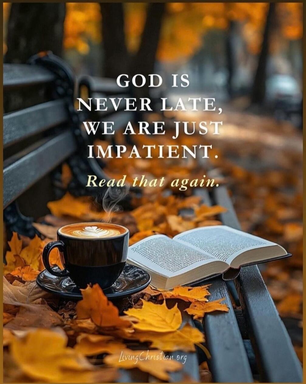 GOD IS NEVER LATE, WE ARE JUST IMPATIENT. Read that again. LivingChristian.org