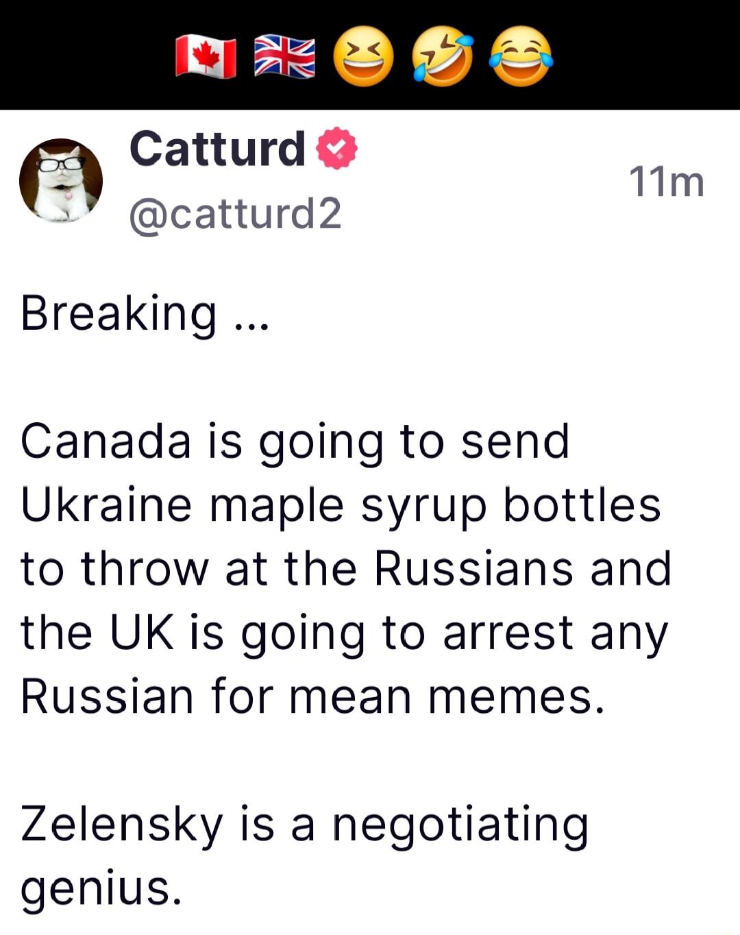 Catturd catturd2 Tm Breaking Canada is going to send Ukraine maple syrup bottles to throw at the Russians and the UK is going to arrest any Russian for mean memes Zelensky is a negotiating genius