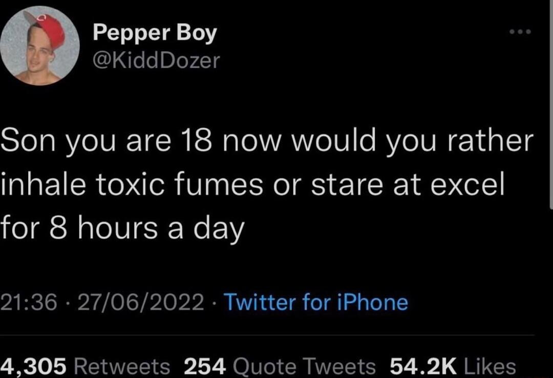 Pepper Boy KiddDozer Son you are 18 now would you rather inhale toxic fumes or stare at excel for 8 hours a day 2136 27062022 Twitter for iPhone 4305 Retweets 254 Quote Tweets 542K Likes