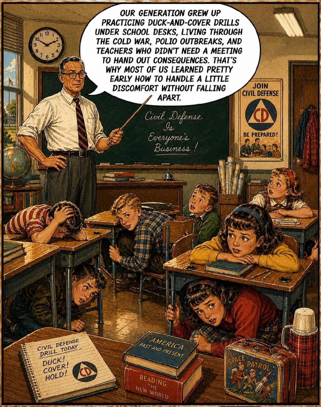 OUR GENERATION GREW UP PRACTICING DUCK-AND-COVER DRILLS UNDER SCHOOL DESKS, LIVING THROUGH THE COLD WAR, POLIO OUTBREAKS, AND TEACHERS WHO DIDN'T NEED A MEETING TO HAND OUT CONSEQUENCES. THAT'S WHY MOST OF US LEARNED PRETTY EARLY HOW TO HANDLE A LITTLE DISCOMFORT WITHOUT FALLING APART. Civil Defense Is Everyone's Business! JOIN CIVIL DEFENSE CD BE 