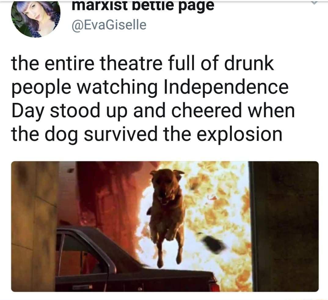 marxist petue page EvaGiselle the entire theatre full of drunk people watching Independence Day stood up and cheered when the dog survived the explosion