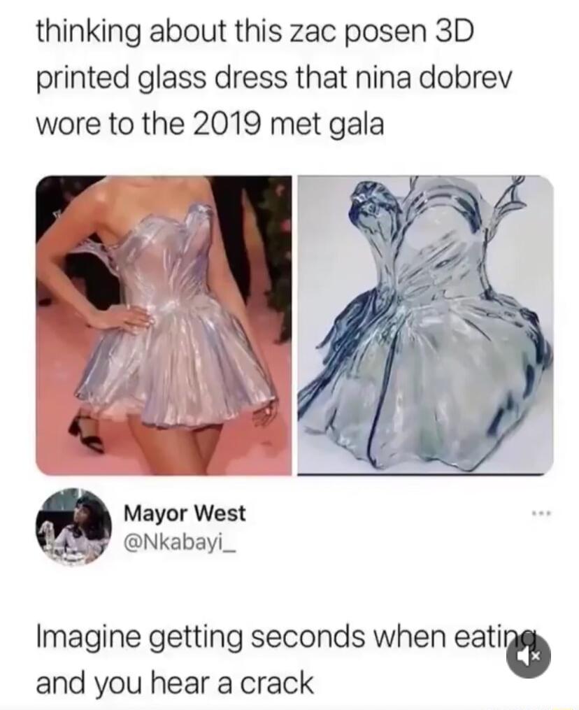 thinking about this zac posen 3D printed glass dress that nina dobrev wore to the 2019 met gala Mayor West Nkabayi_ Imagine getting seconds when eatib and you hear a crack