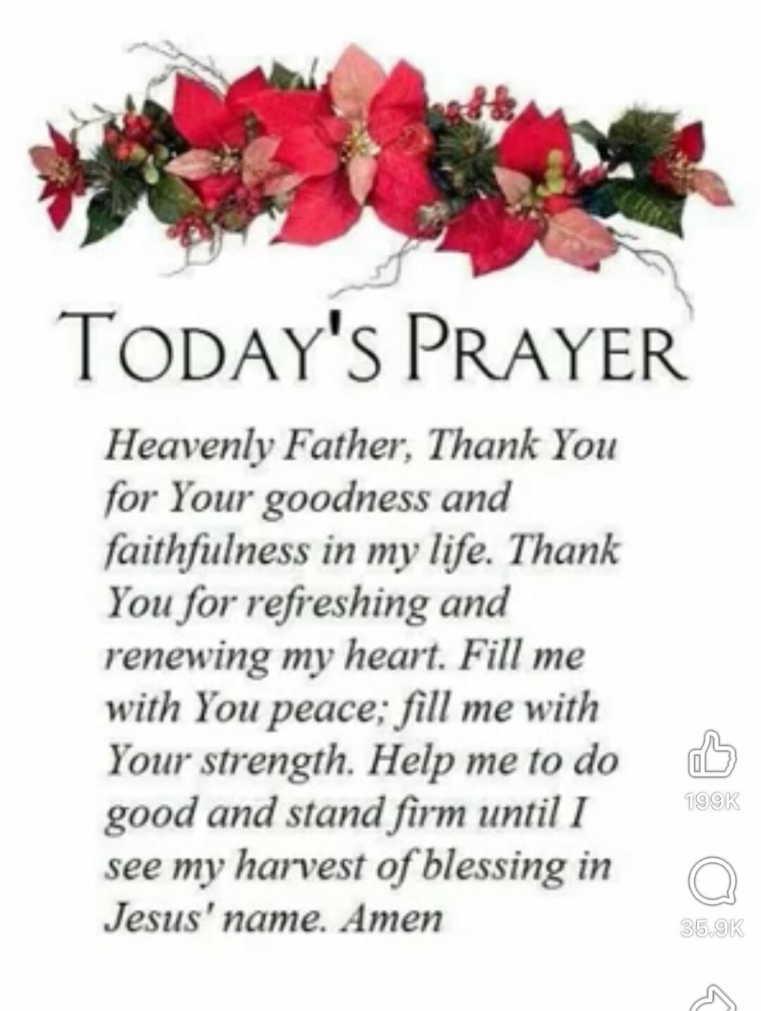 TODAY'S PRAYER Heavenly Father, Thank You for Your goodness and faithfulness in my life. Thank You for refreshing and renewing my heart. Fill me with Your peace; fill me with Your strength. Help me to do good and stand firm until I see my harvest of blessing in Jesus' name. Amen