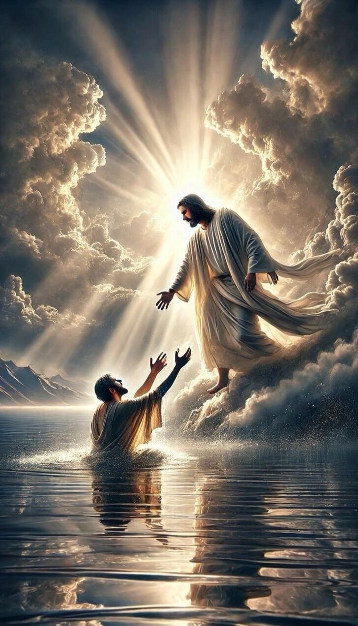 Religious artwork depicting a man in robes rising toward the heavens, reaching out to another man in the water.