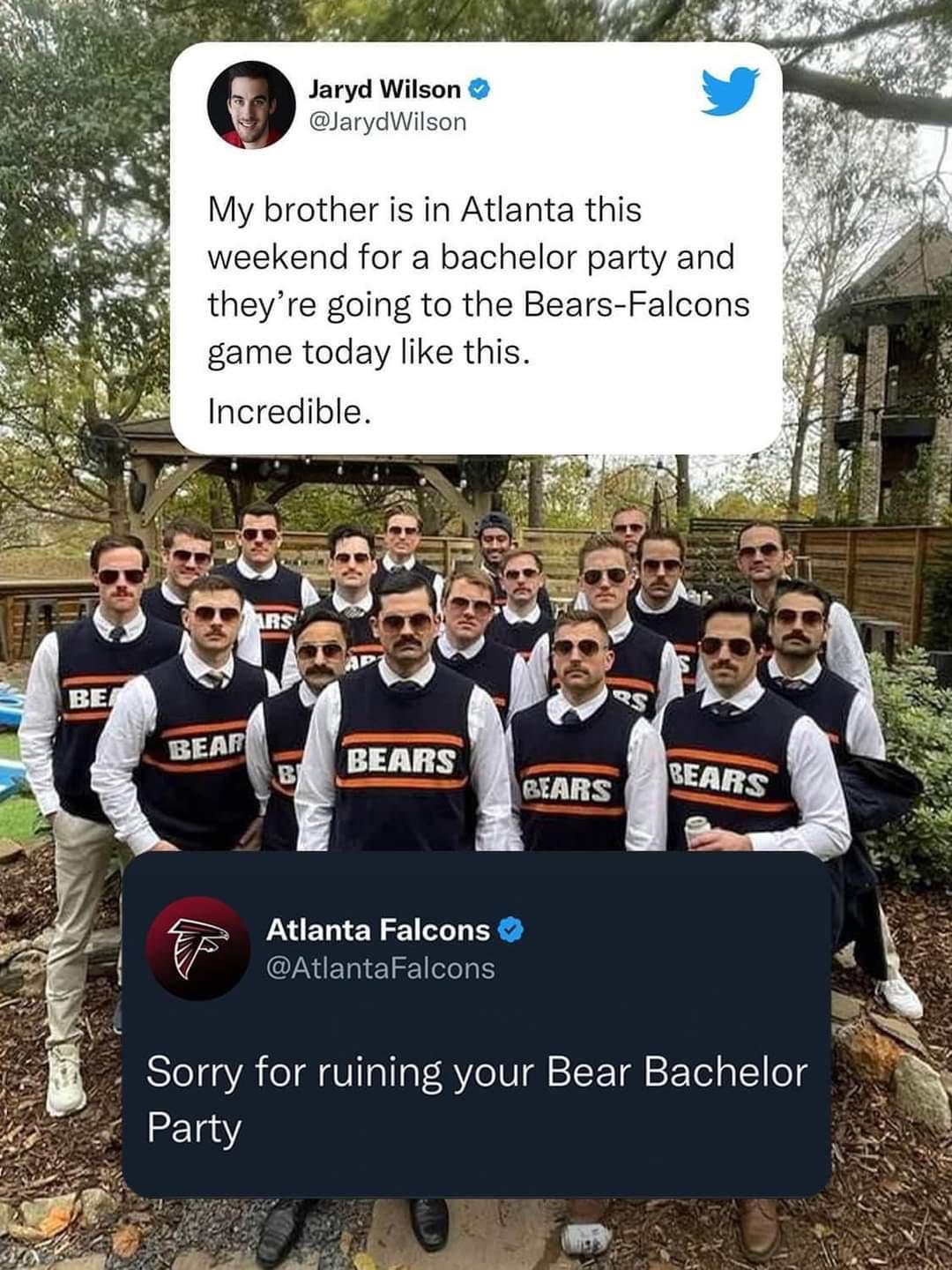 My brother is in Atlanta this ekend for a bachelor party and theyre goin ears Falcons game tod Incredible 4 Atlanta Falcons AtlantaFalcons Sorry for ruining your Bear Bachelor 4 Party