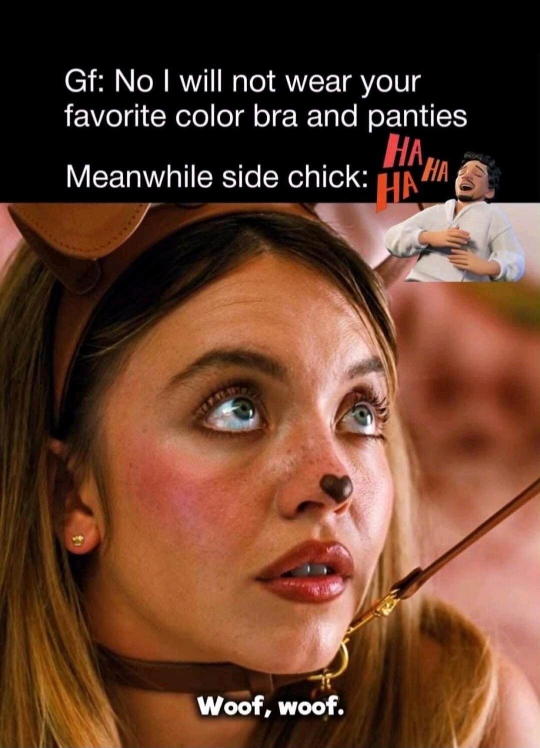 Gf: No I will not wear your favorite color bra and panties. Meanwhile side chick: HA HA HA. Woof, woof.