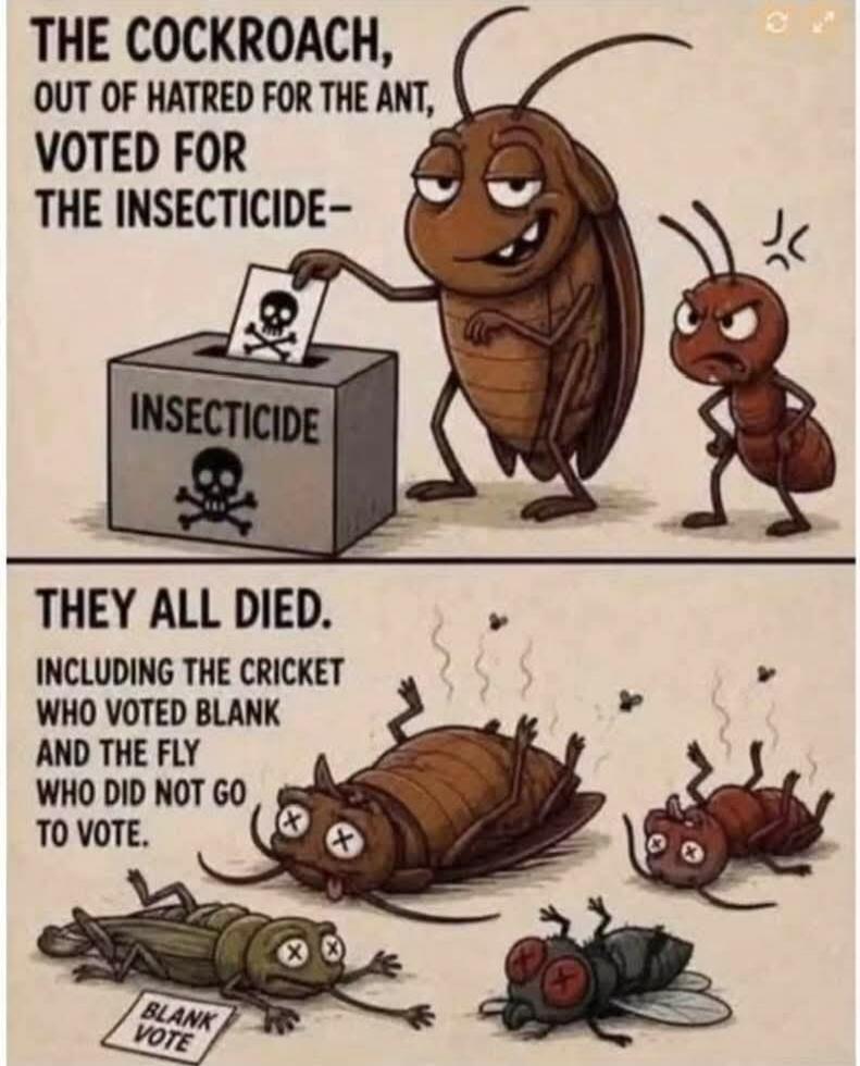THE COCKROACH, OUT OF HATRED FOR THE ANT, VOTED FOR THE INSECTICIDE- INSECTICIDE THEY ALL DIED. INCLUDING THE CRICKET WHO VOTED BLANK AND THE FLY WHO DID NOT GO TO VOTE. BLANK VOTE