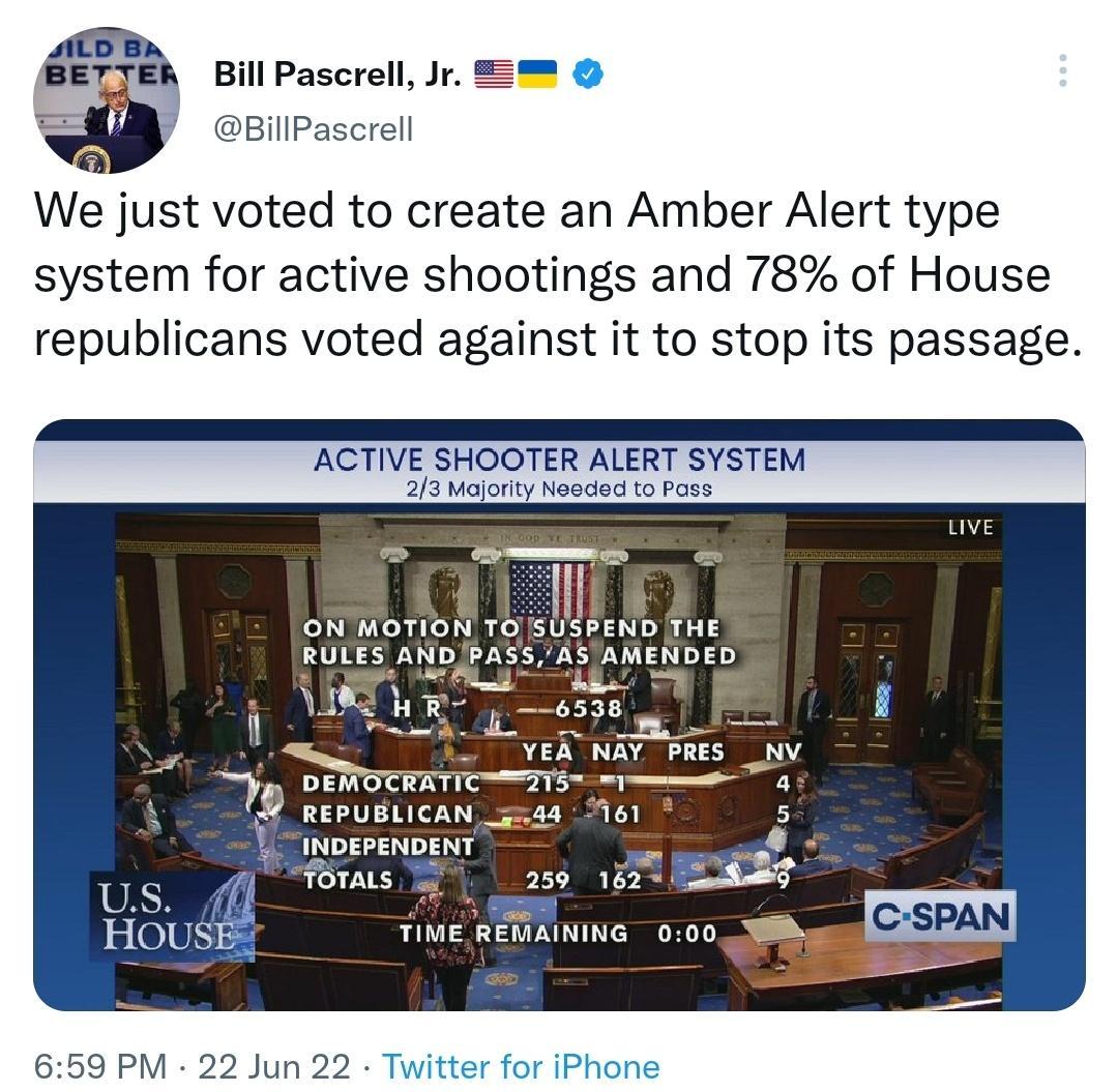 Bill Pascrell Jr BillPascrel o We just voted to create an Amber Alert type system for active shootings and 78 of House republicans voted against it to stop its passage ACTIVE SHOOTER ALERT SYSTEM 23 Vijorty Nooded i s 0 1 ON MOTION 16 SUSPEND THE AND BASS A AMENDED e T e i vk i s B A e 9 repusiican_gmas 61 1 inpereNDENT Torass Us HOUSE 659 PM 22 Jun 22 Twitter for iPhone
