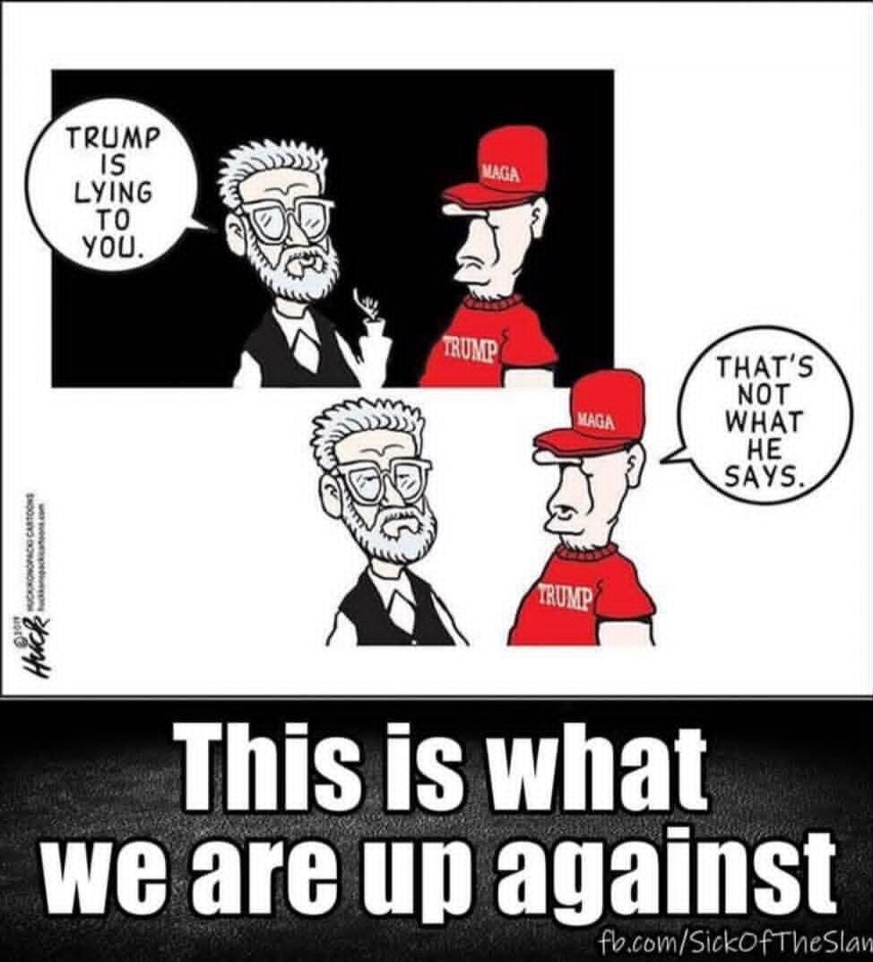 TRUMP IS LYING TO YOU. THAT'S NOT WHAT HE SAYS. This is what we are up against. MAGA. TRUMP. fb.com/SickOfTheSlaw. HUCK. HUCKONOPACK CARTOONS. huckonopackcartoons.com