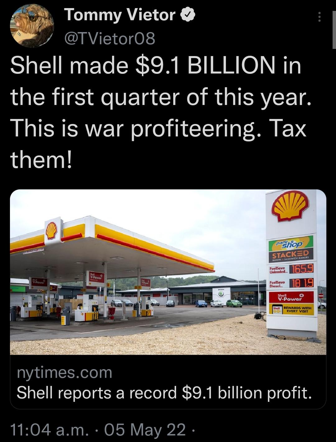 Tommy Vietor O TVietor08 Shell made 91 BILLION in IGQERITE R FETa IR Rt IRYEET8 This is war profiteering Tax them nytimescom Shell reports a record 91 billion profit LEHOZ RN RN O IR E VA A