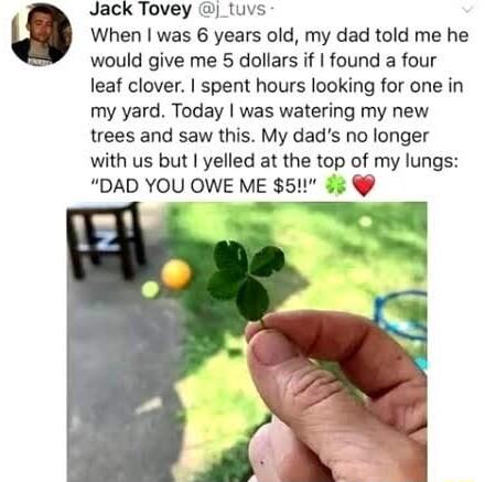 Jack Tovey tuvs When was 6 years old my dad told me he would give me 5 dollars if found a four leaf clover spent hours looking for one in my yard Today was watering my new trees and saw this My dads no longer with us but yelled at the top of my lungs DAD YOU OWE ME 5