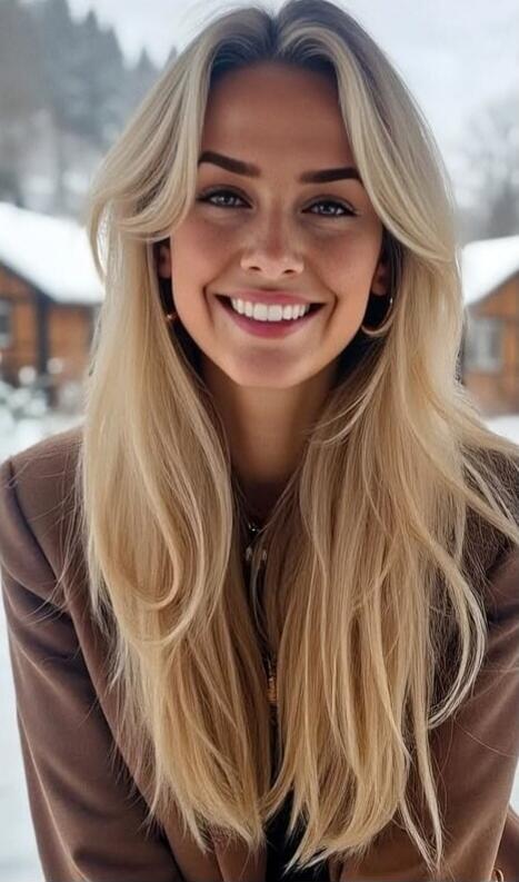 A smiling blonde woman with long hair wearing a brown jacket, in a snowy outdoor setting.