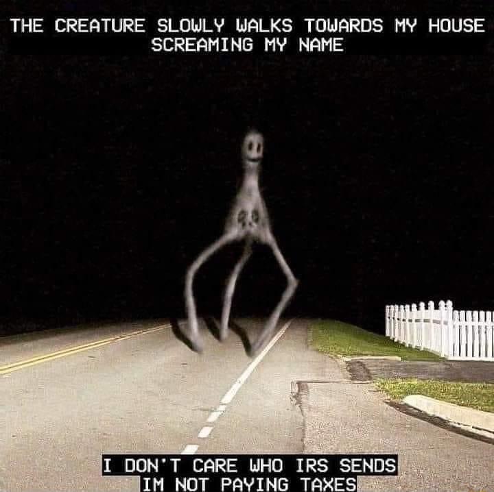 THE CREATURE SLOWLY WALKS TOWARDS MY HOUSE SCREAMING MY NAME e I DONT CARE WHO IRS SENDS