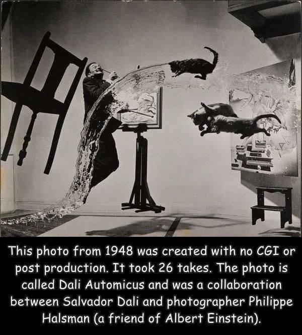 This photo from 1948 was created with no C6T or post production It fook 26 takes The photo is called Dali Automicus and was a collaboration between Salvador Dali and photographer Philippe Halsman a friend of Albert Einstein