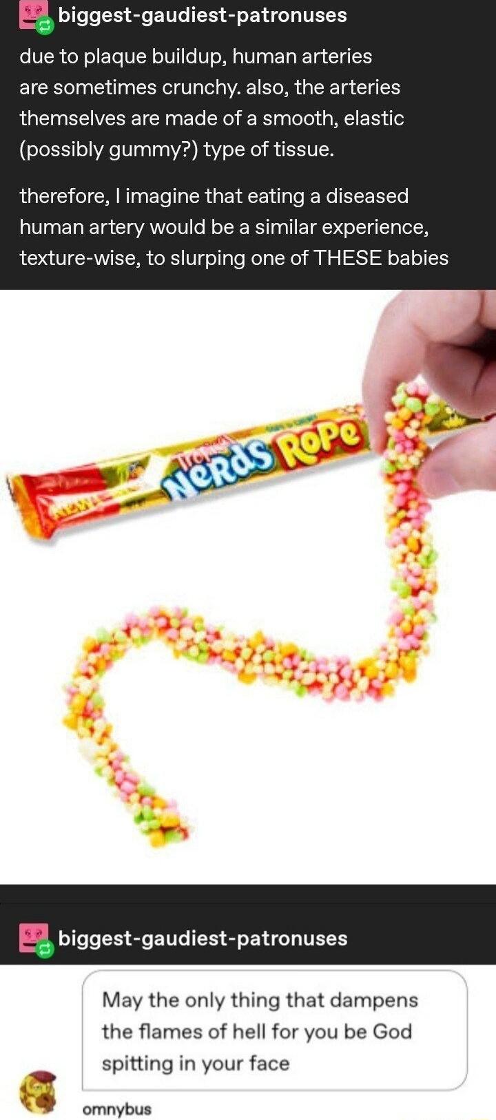 biggest gaudiest patronuses due to plaque buildup human arteries are sometimes crunchy also the arteries themselves are made of a smooth elastic possibly gummy type of tissue therefore imagine that eating a diseased human artery would be a similar experience texture wise to slurping one of THESE babies oI T I S ETTE R I VETEY May the only thing that dampens the flames of hell for you be God spitti