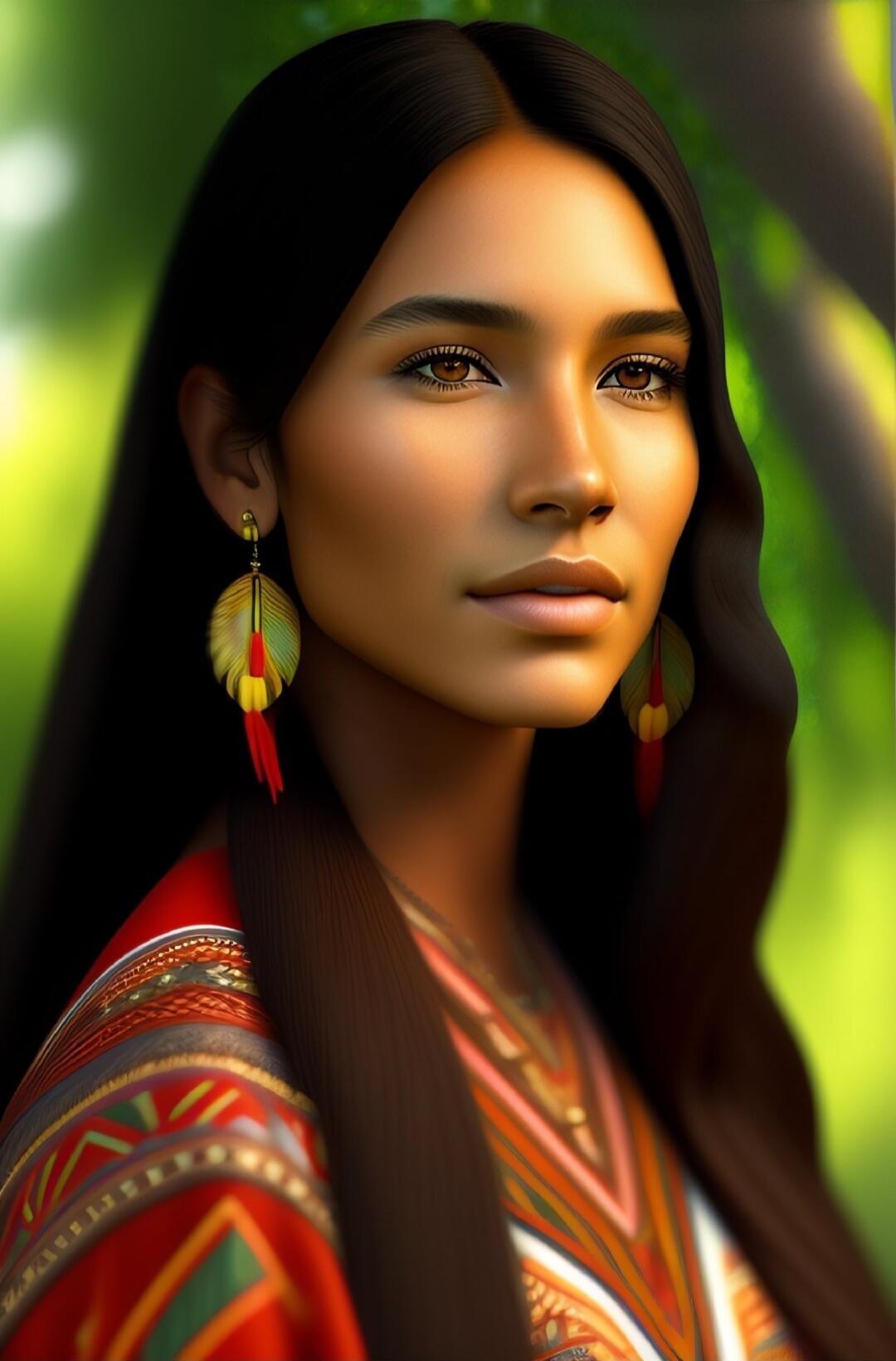 Portrait of a woman with long dark hair, wearing colorful earrings and a vibrant patterned garment. The background is a soft, blurred greenery.